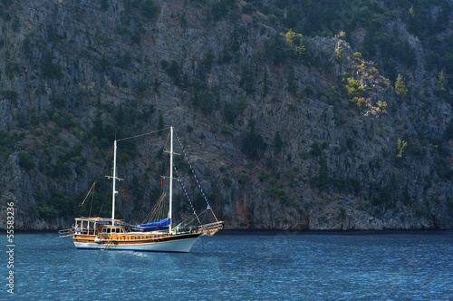 Turkish boat on blue water, a cruise in caicco