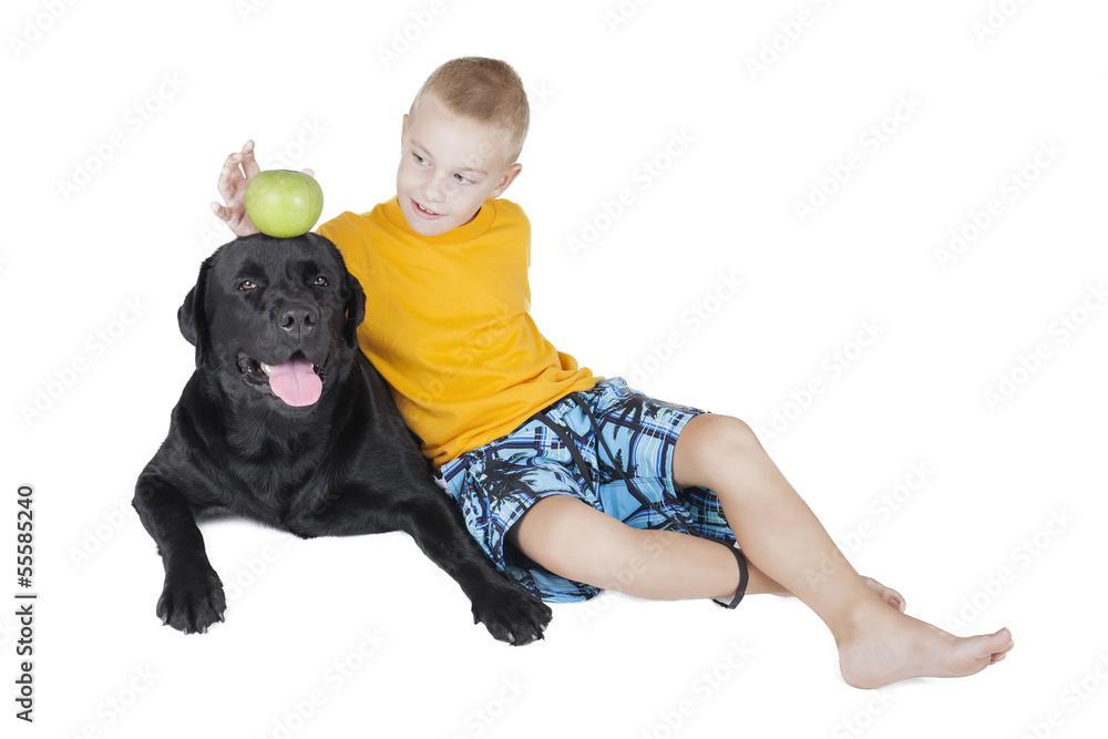 boy steals an Apple on his head dog boy steals an Apple on his head dog