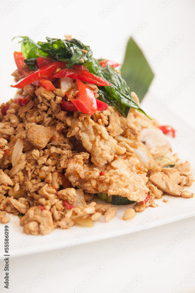 Deep fried soft shell carb and chicken basil stir fried Deep fried soft shell carb and chicken basil stir fried