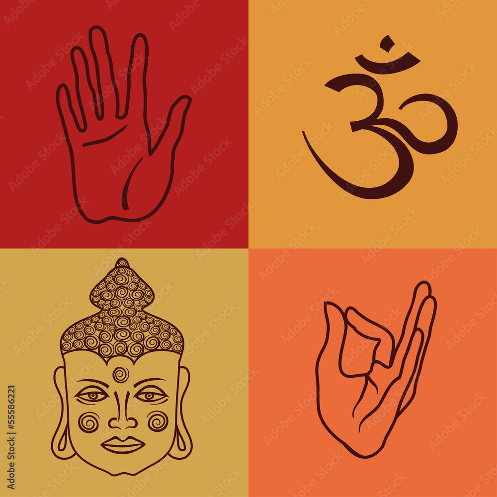 Fototapeta premium Isolated icons or seamless pattern of buddhism attributes