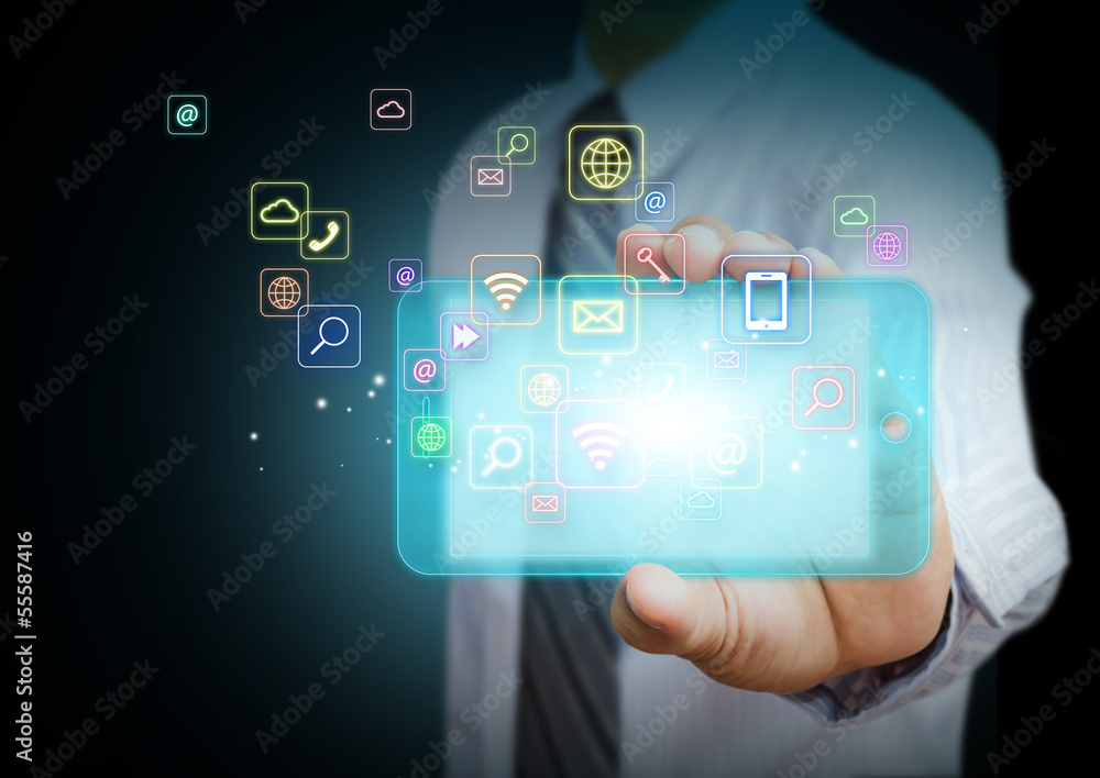 Smart phone with cloud of colorful application icons Smart phone with cloud of colorful application icons