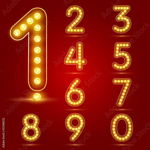 Number set with realistic lamp, vector illustration.