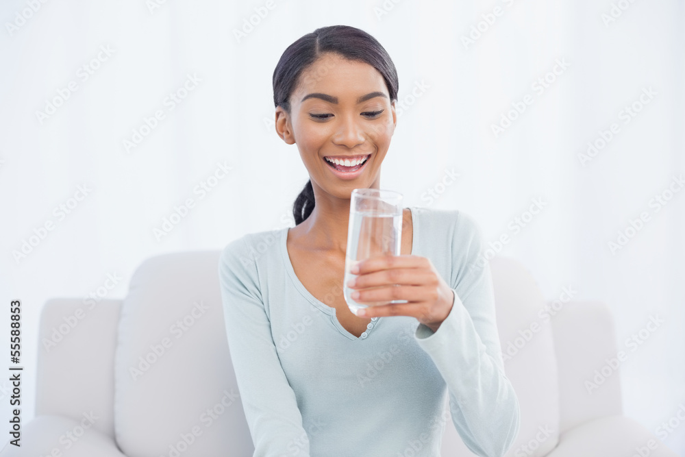 Smiling attractive woman sitting on cosy sofa drinking water Smiling attractive woman sitting on cosy sofa drinking water