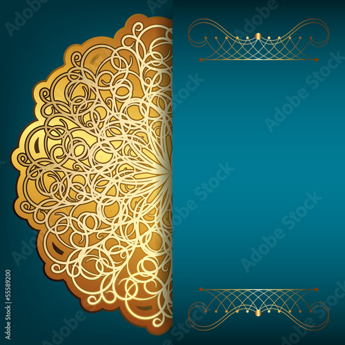 Blue card with gold pattern and place for your text. The idea fo