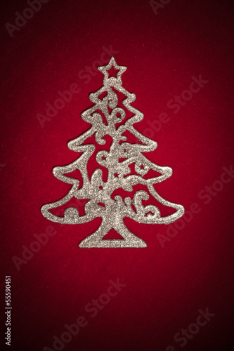 christmas silver tree on red
