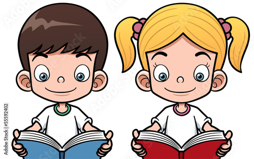 Vector illustration of cartoon boy and girl reading a book