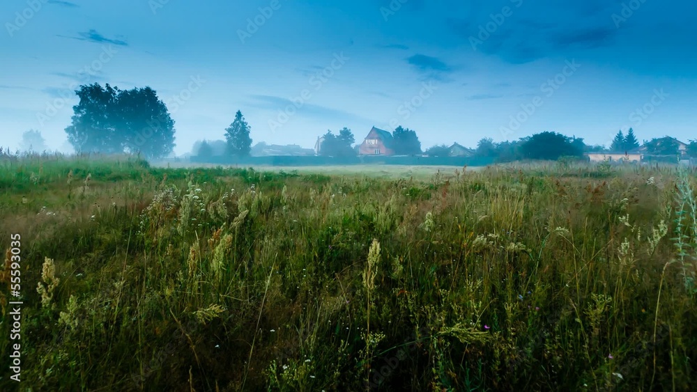 Misty Meadow and Small House near Moscow, Time Lapse, Russia Misty Meadow and Small House near Moscow, Time Lapse, Russia