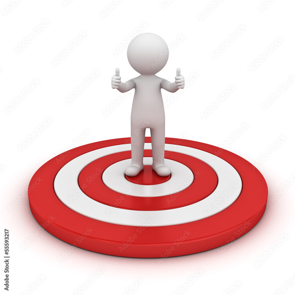 3d man showing thumb up and standing on red target isolated 3d man showing thumb up and standing on red target isolated