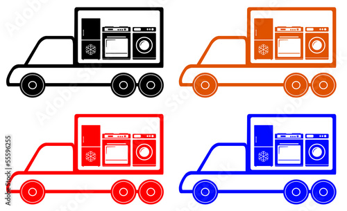 delivery symbol with truck, gas stove, washer, refrigerator