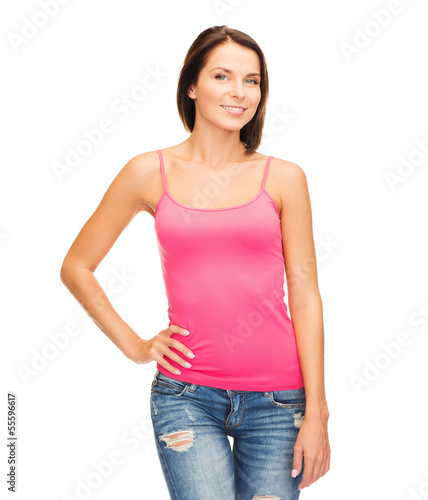 woman in blank pink tank top