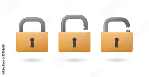 Different states of a lock. Close, open and broken.