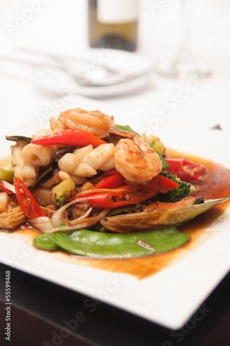 Thai stir fried seafood with tom yum sauce.