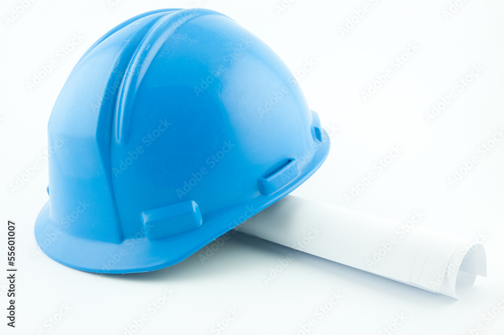 Fototapeta premium Blue hardhat on papers
