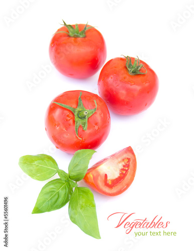 tomato with leaf of basil isolated on white