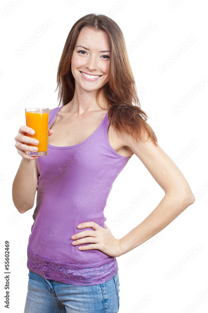 Beautiful brunette woman holding glass of juice Beautiful brunette woman holding glass of juice