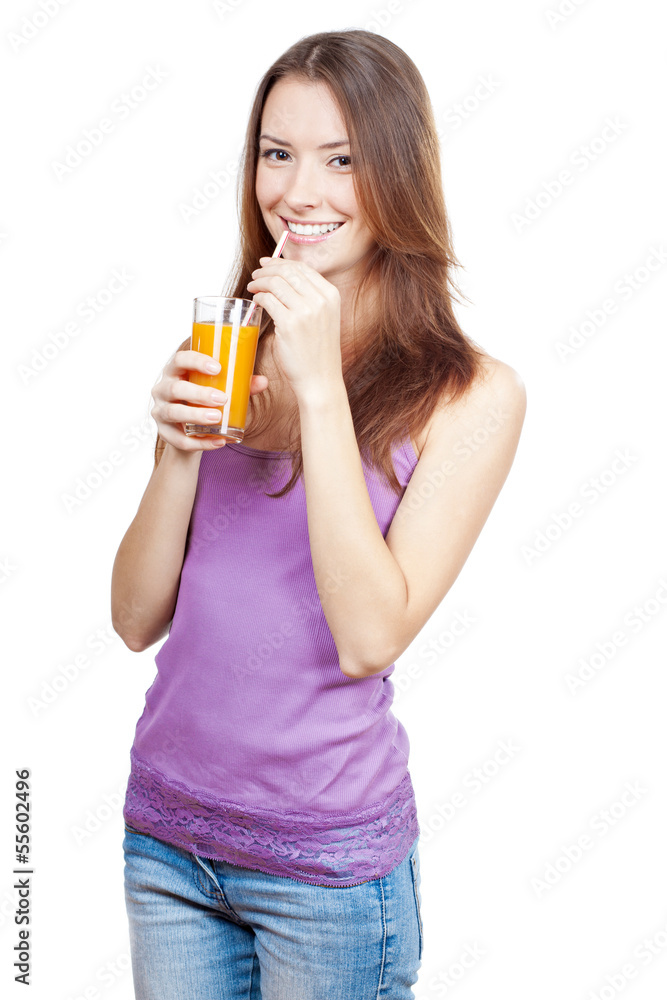 Beautiful brunette woman holding glass of juice Beautiful brunette woman holding glass of juice