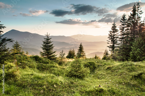 Mountain valley at sunset.