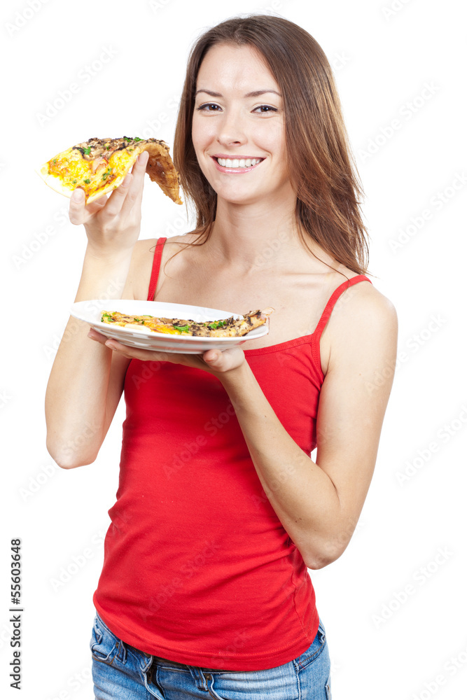 beautiful brunette woman holding piece of pizza beautiful brunette woman holding piece of pizza