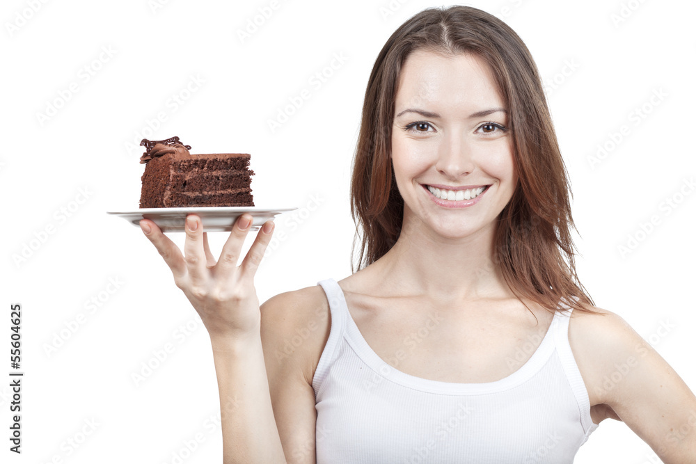 young woman holding piece of  chocolate cake