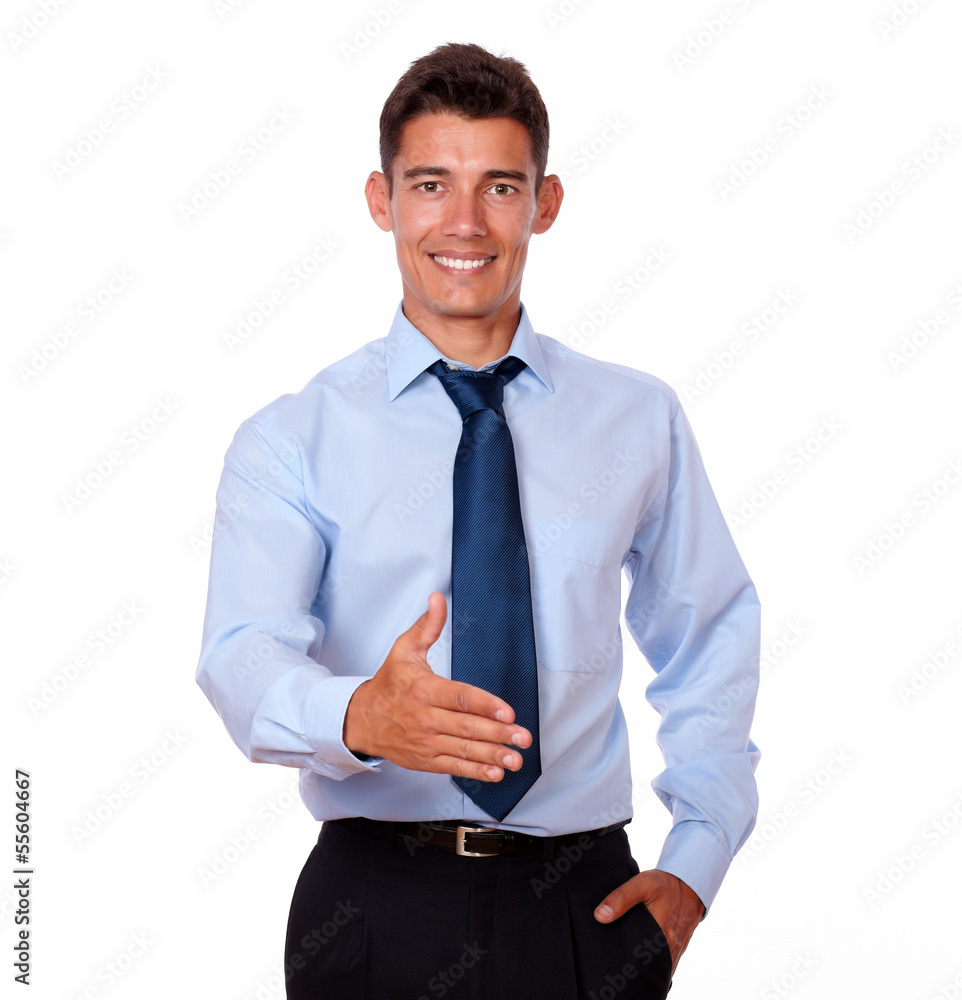 Adult businessman standing with greeting gesture Adult businessman standing with greeting gesture