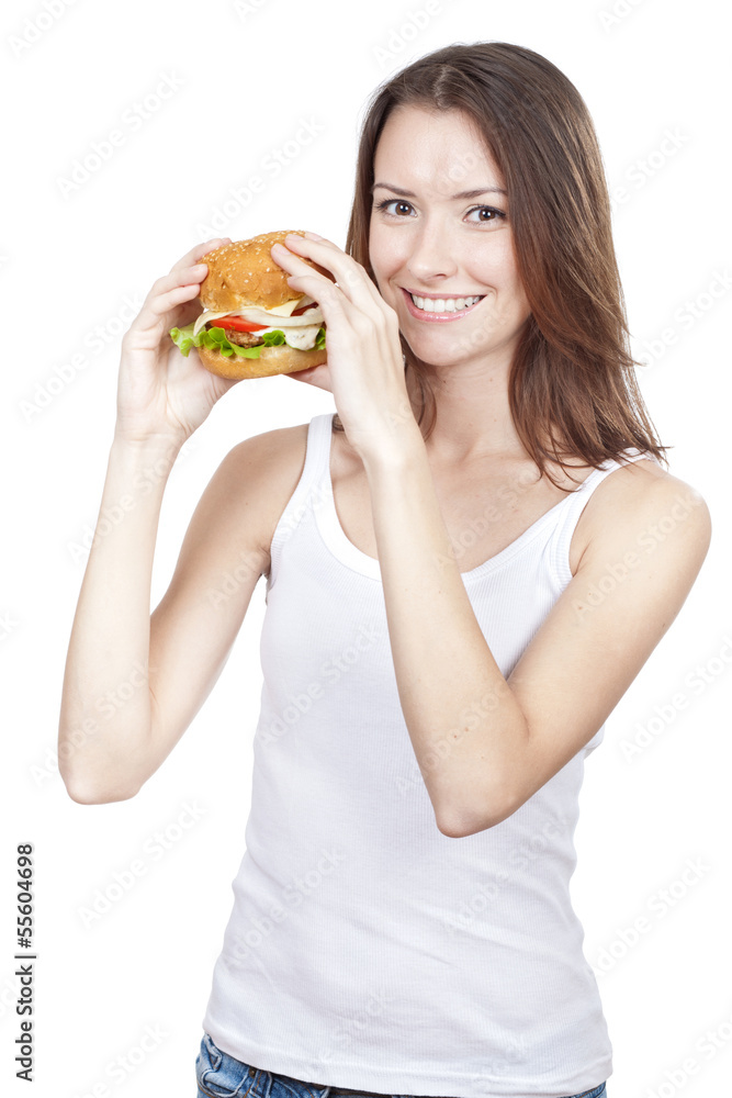 Beautiful young woman holding hamburger Beautiful young woman holding hamburger