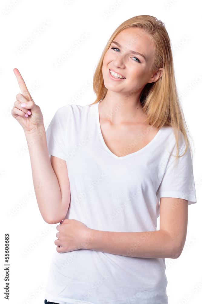 Beautiful woman pointing above her head