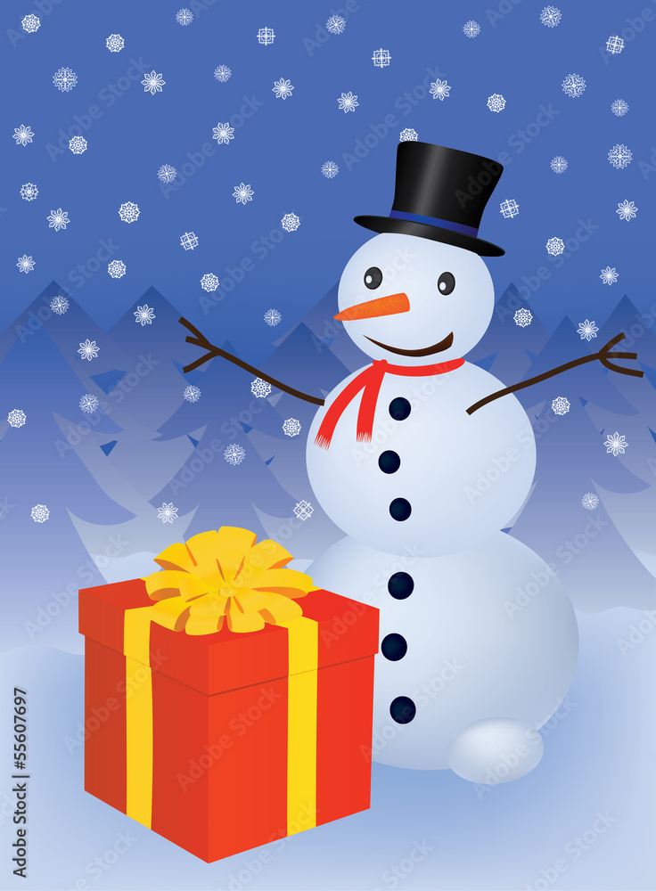Christmas present near snowman Christmas present near snowman