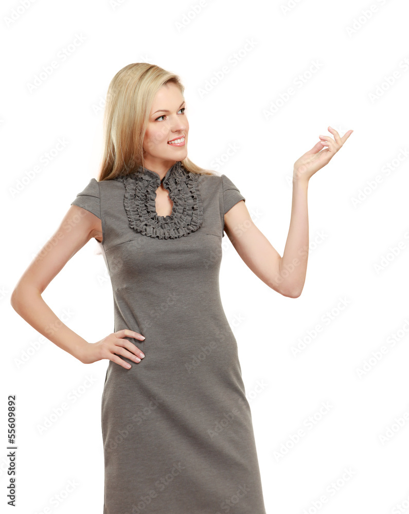 Woman pointing up at copy space on white background Woman pointing up at copy space on white background