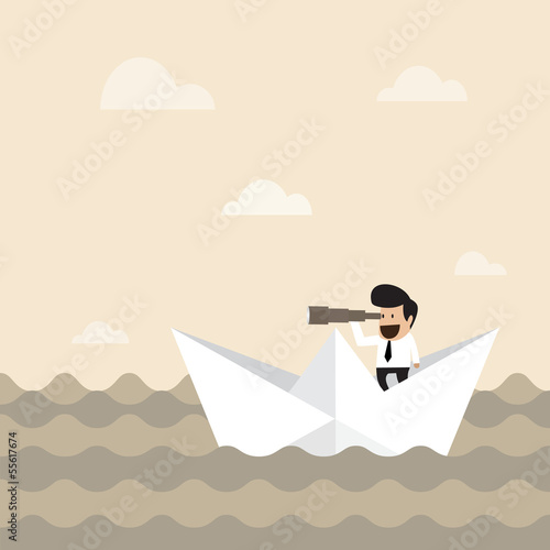 Businessman on paper boat searching for opportunity