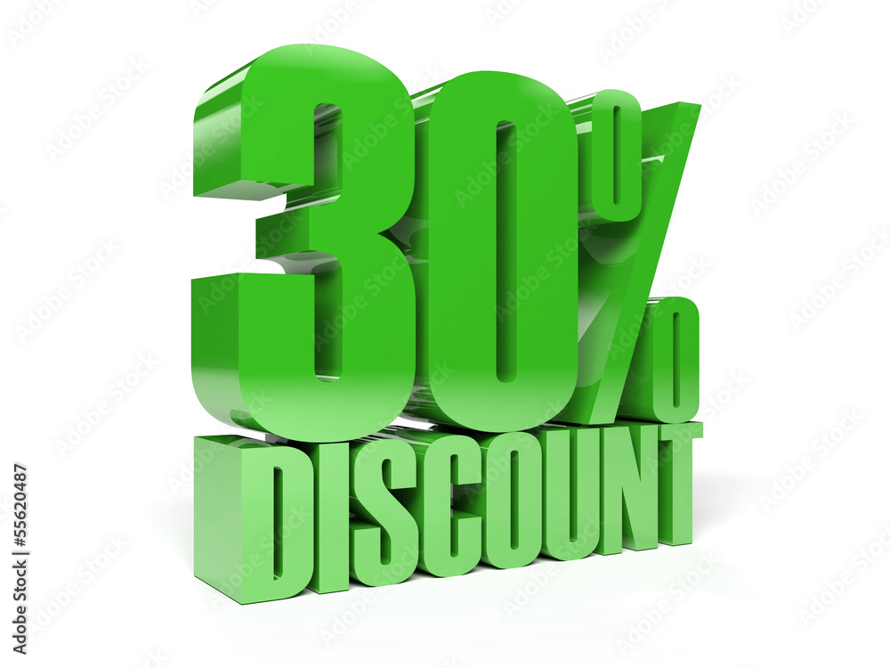 30 percent discount. Green shiny text. Concept 3D illustration. 30 percent discount. Green shiny text. Concept 3D illustration.