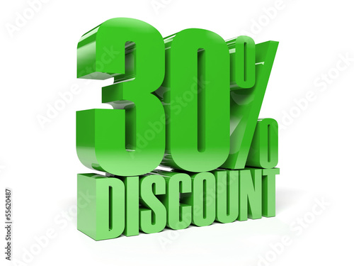 30 percent discount. Green shiny text. Concept 3D illustration.