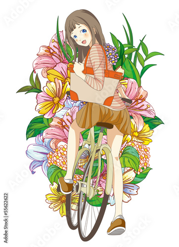 女の子　自転車　花
