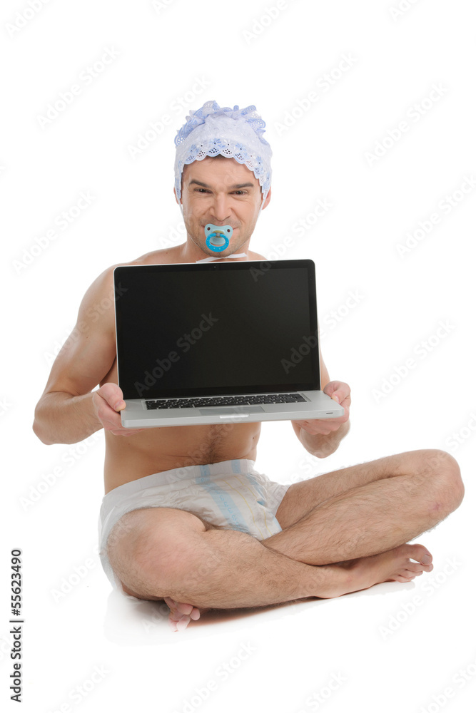 Big baby. Infant adult man in diaper showing laptop monitor and Big baby. Infant adult man in diaper showing laptop monitor and