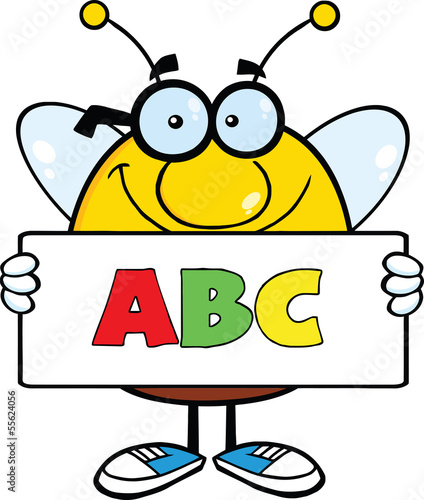 Smiling Pudgy Bee Character Holding A Banner With Text ABC