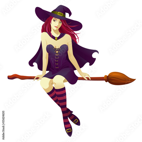 Pin-up witch flying her on broom