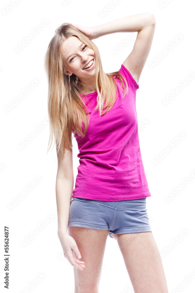 Fototapeta premium Young beautiful woman wearing pink t-shirt
