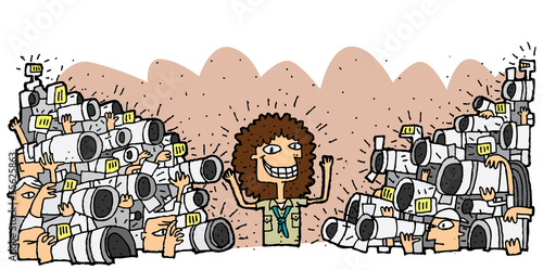 Famous character surrounded by crowd of paparazzi