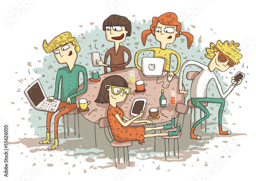 Global village cartoon with a group of youngsters playing with t