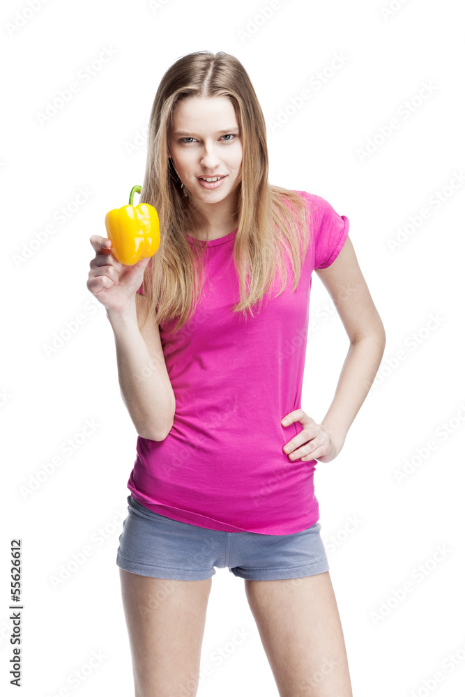 young beautiful blond woman holding yellow papper young beautiful blond woman holding yellow papper
