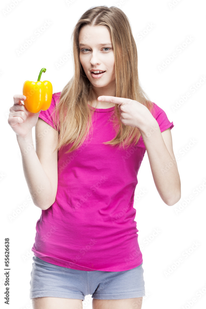 young beautiful blond woman holding yellow papper young beautiful blond woman holding yellow papper