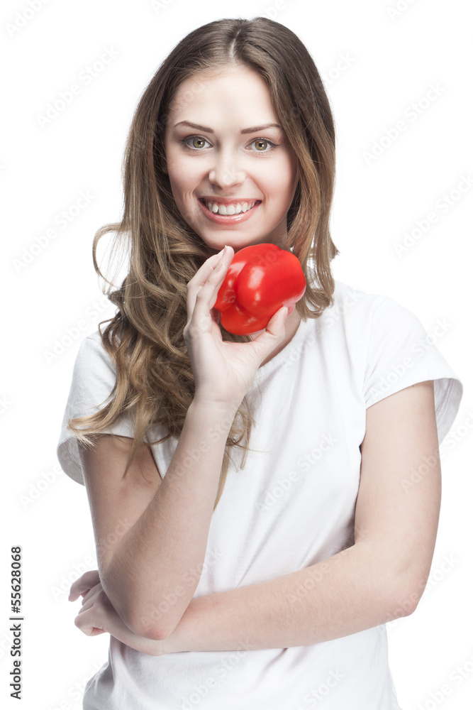 young beautiful brunette woman holding red pepper young beautiful brunette woman holding red pepper