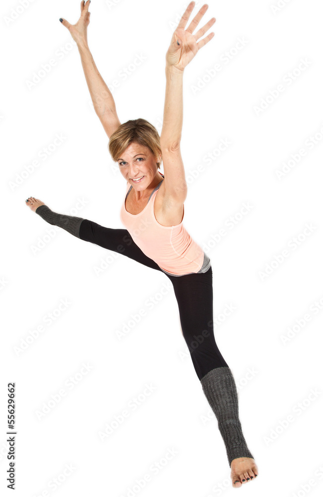 Cute woman sitting and stretching on isolated white background Cute woman sitting and stretching on isolated white background