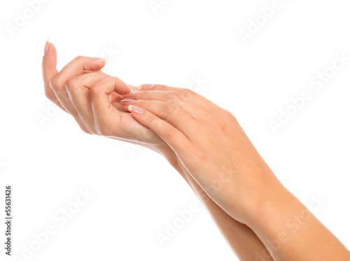 Beautiful woman hands with french manicured nails