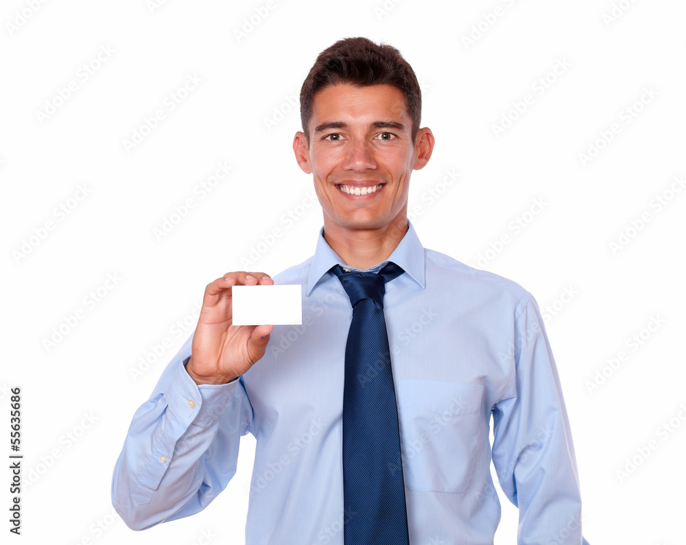 Handsome young man holding blank business card Handsome young man holding blank business card