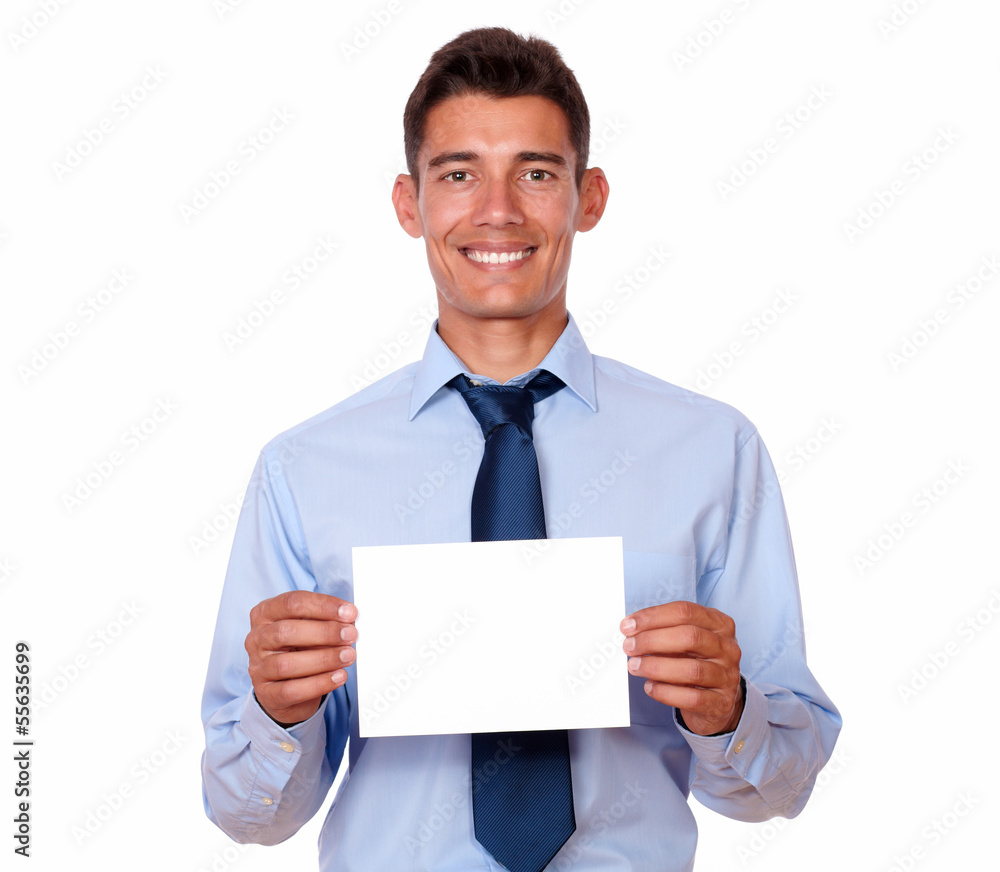 Charming businessman holding a blank card Charming businessman holding a blank card