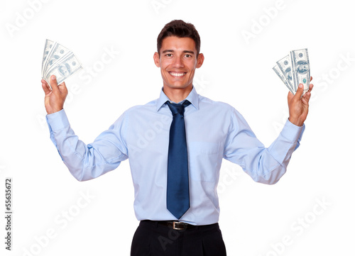 Fashionable young man holding cash dolllars photo