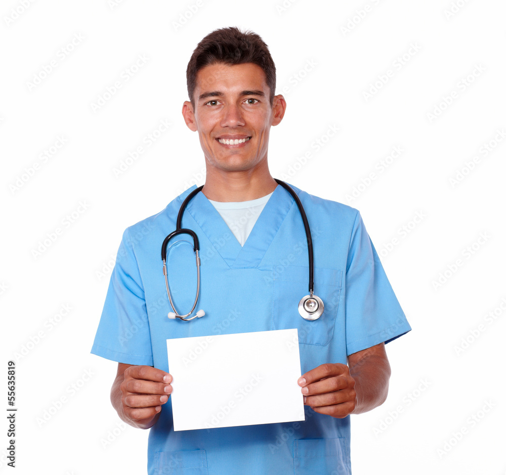 Male nurse with stethoscope holding a blank card Male nurse with stethoscope holding a blank card