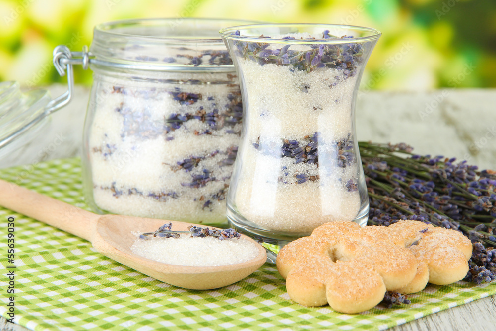 Jar of lavender sugar and fresh lavender flowers Jar of lavender sugar and fresh lavender flowers