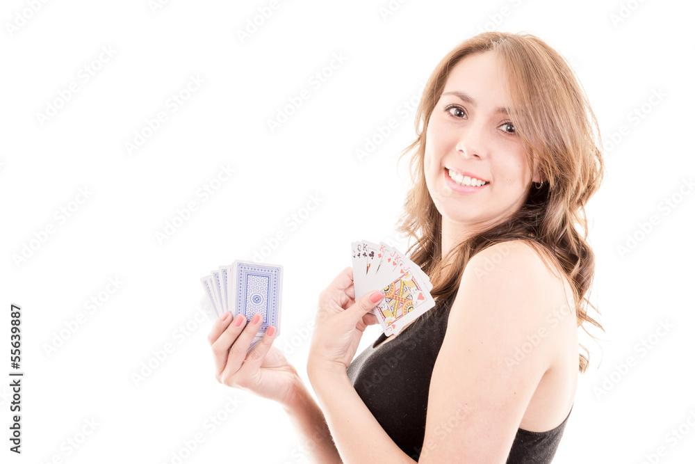 Atractive girl playing cards isolated on white background Atractive girl playing cards isolated on white background