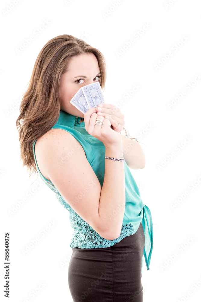 Atractive girl playing cards isolated on white background Atractive girl playing cards isolated on white background